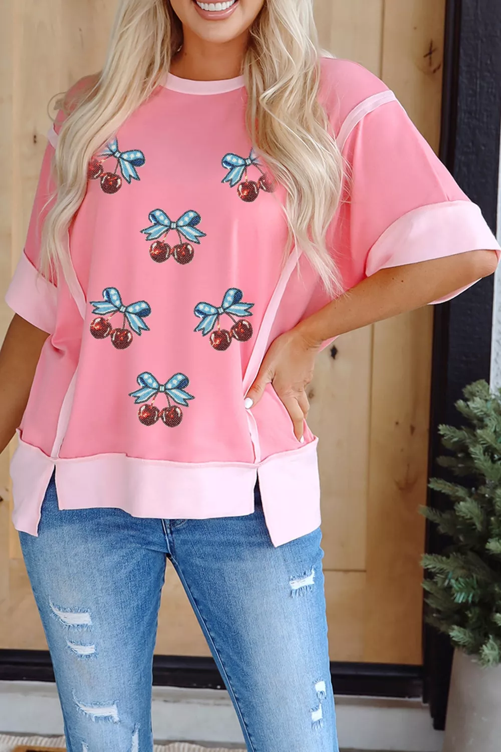 Raw Seam Color Block Sequin Cherry Graphic Casual Shift Top, image 3