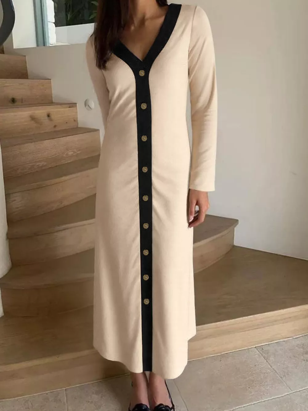 Contrast Trim Button-Down Midi Dress, image 9