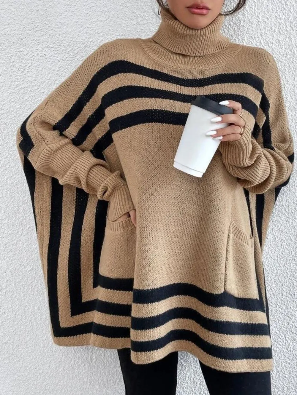 Striped Turtleneck Batwing Sleeve Sweater with Pockets, image 4