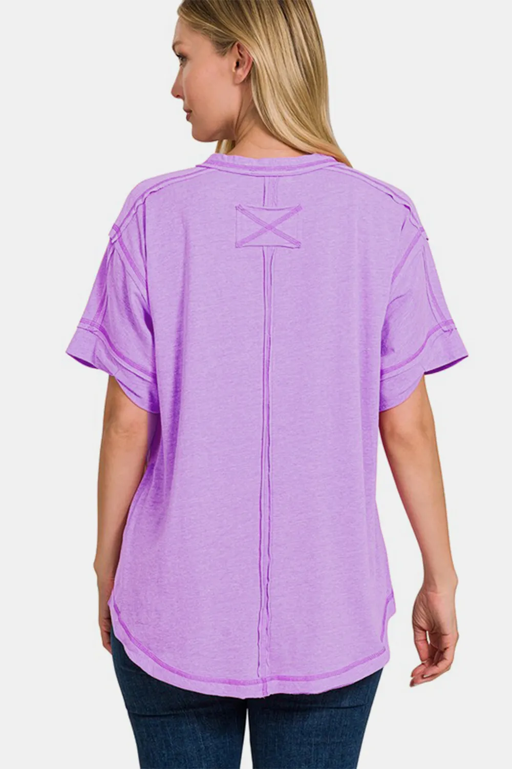 Exposed Seam Half Button Short Sleeve Top, image 2