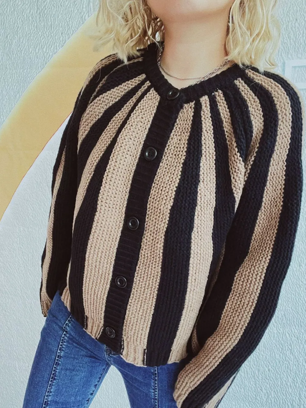 Contrast Stripes Button Down Long Sleeve Cardigan, image 2