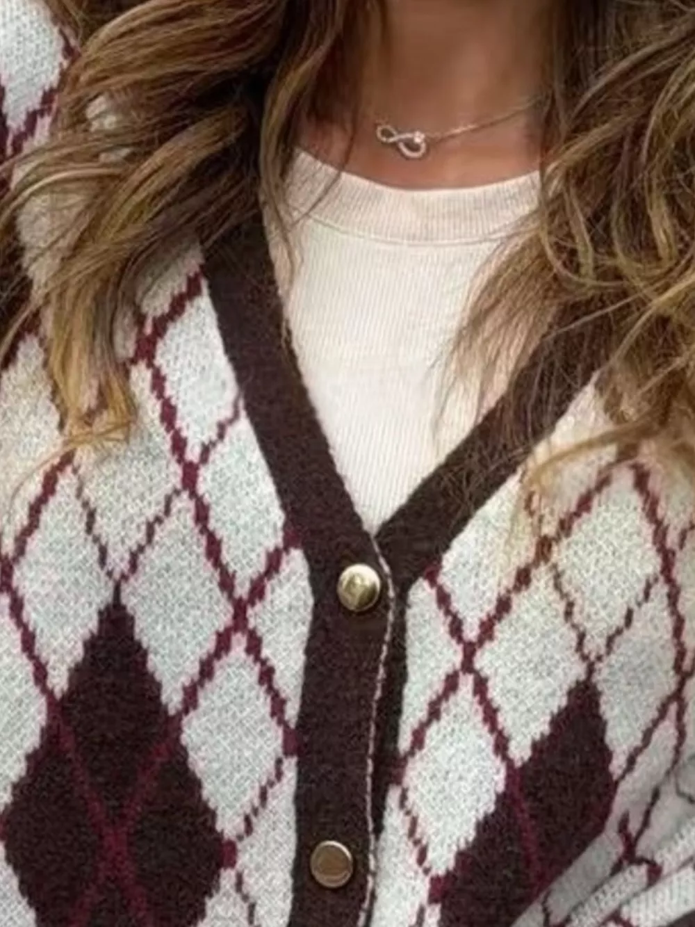 Full Size Argyle Pattern V-Neck Button-Down Knit Cardigan Plus Size, image 2