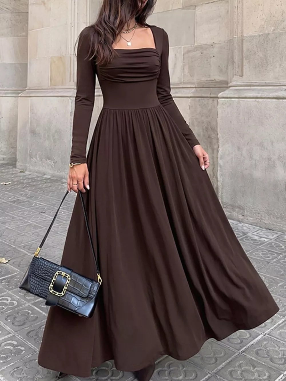 Ruched Square Neck Long Sleeve Maxi Dress, image 3