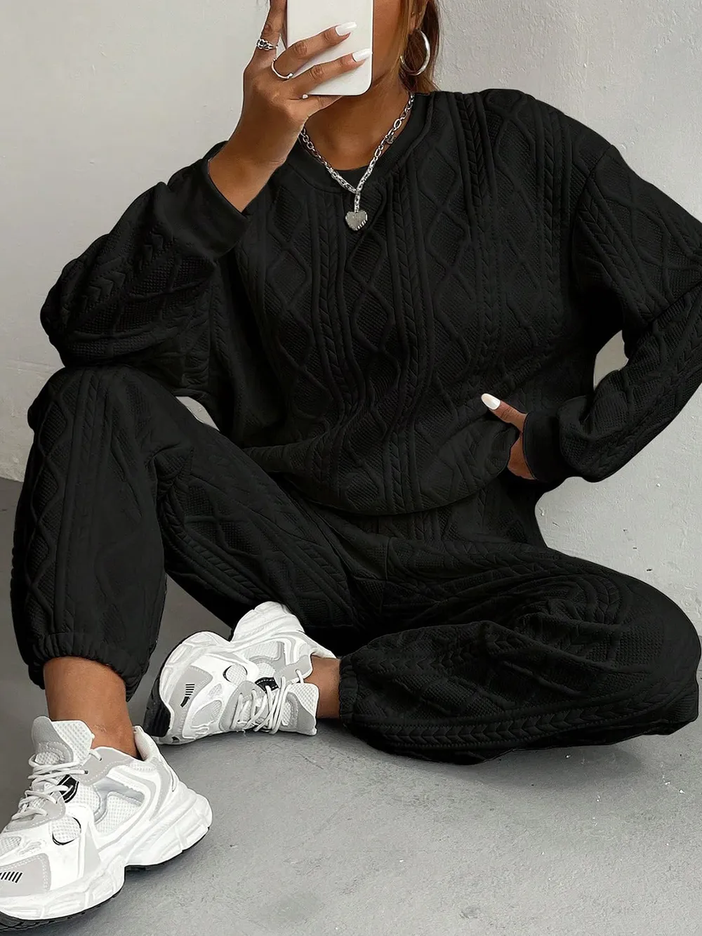 Texture Round Neck Top and Pants Set, image 7