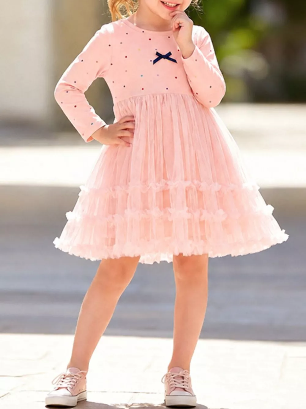 Children's Tulle Dress with Polka Dots and Bow Detail, image 5