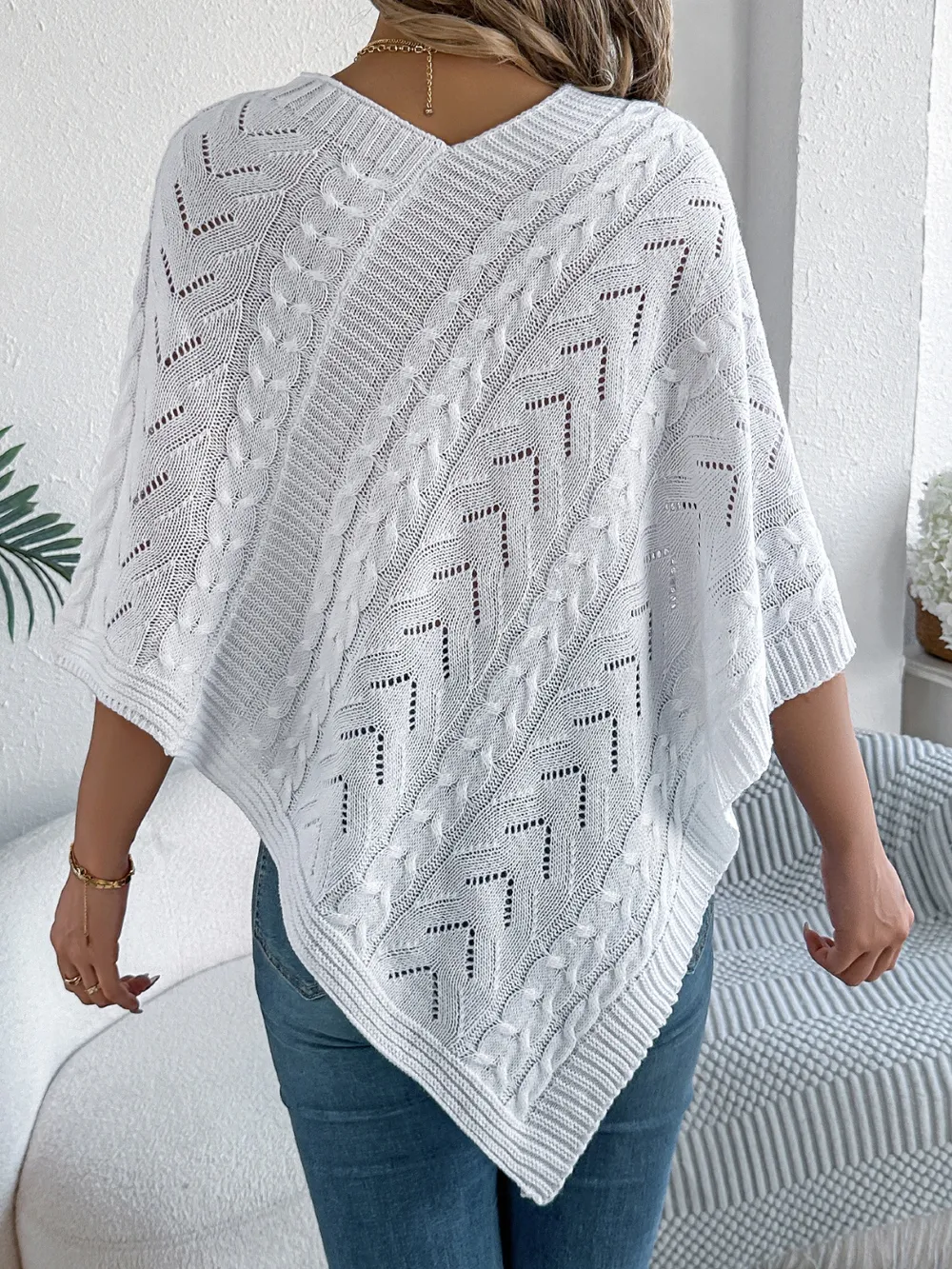 Cable-Knit Openwork Three-Quarter Sleeve Sweater, image 4