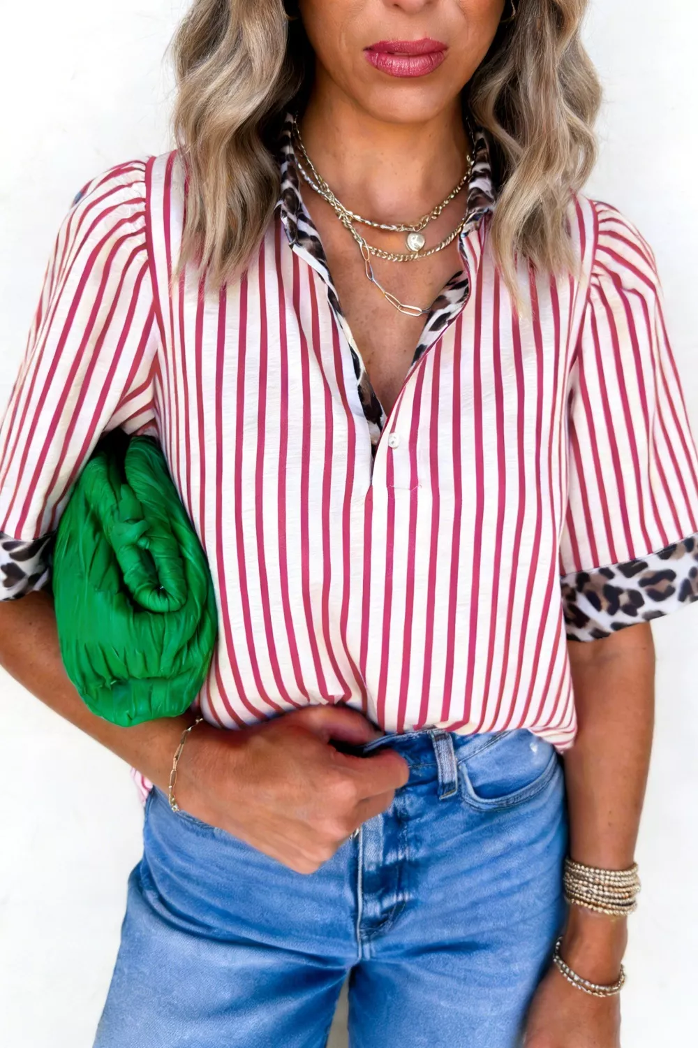 Leopard Trim Striped Button Up Shirt, image 2