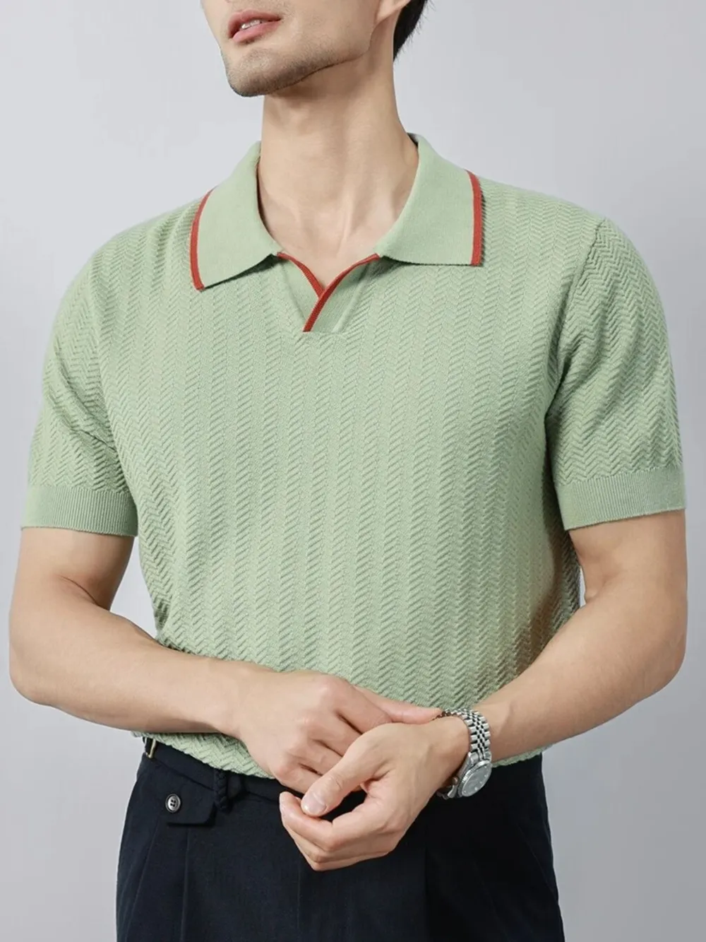 Men's Plus Size Textured Contrast Trim Short Sleeve Polo, image 2