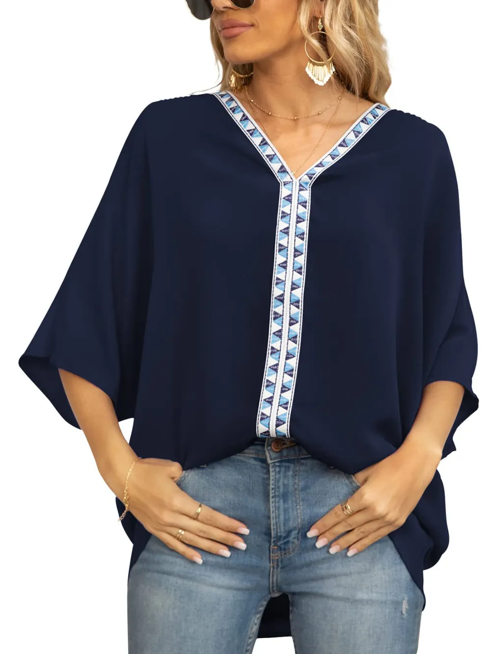 Printed Trim V-Neck Batwing Sleeve Blouse, image 8