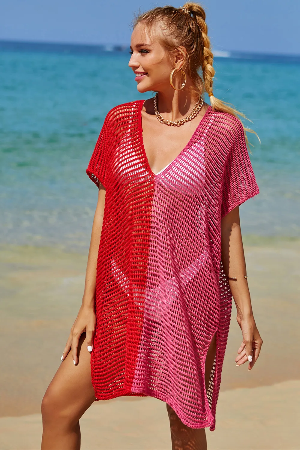 Openwork Contrast Slit Knit Cover Up, image 17