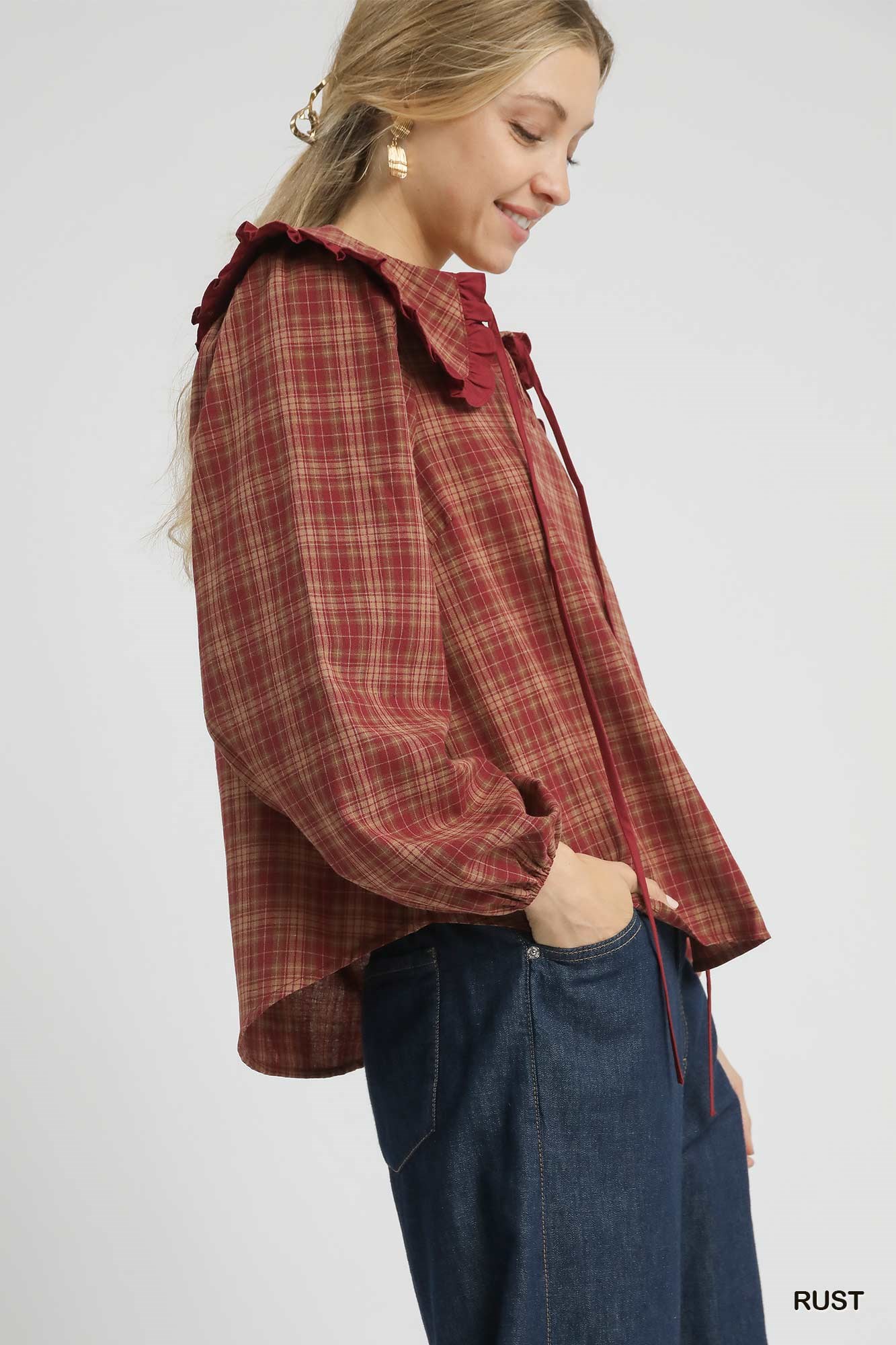 Full Size Plaid Ruffle Collar Blouse Plus Size, image 3