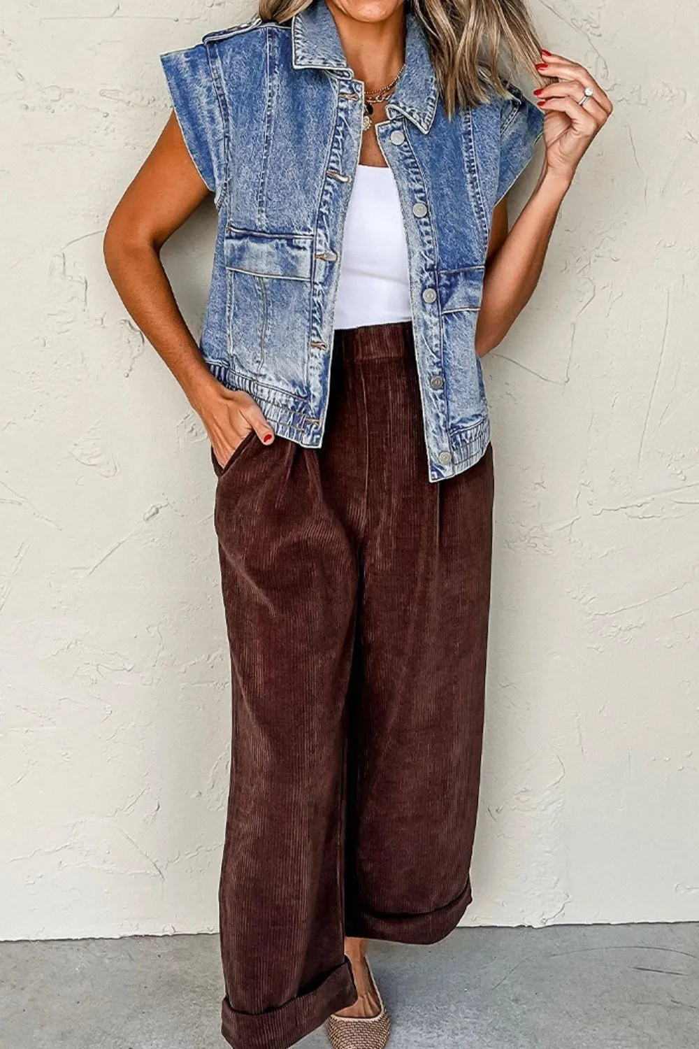 Button Up Cap Sleeve Denim Jacket, image 12