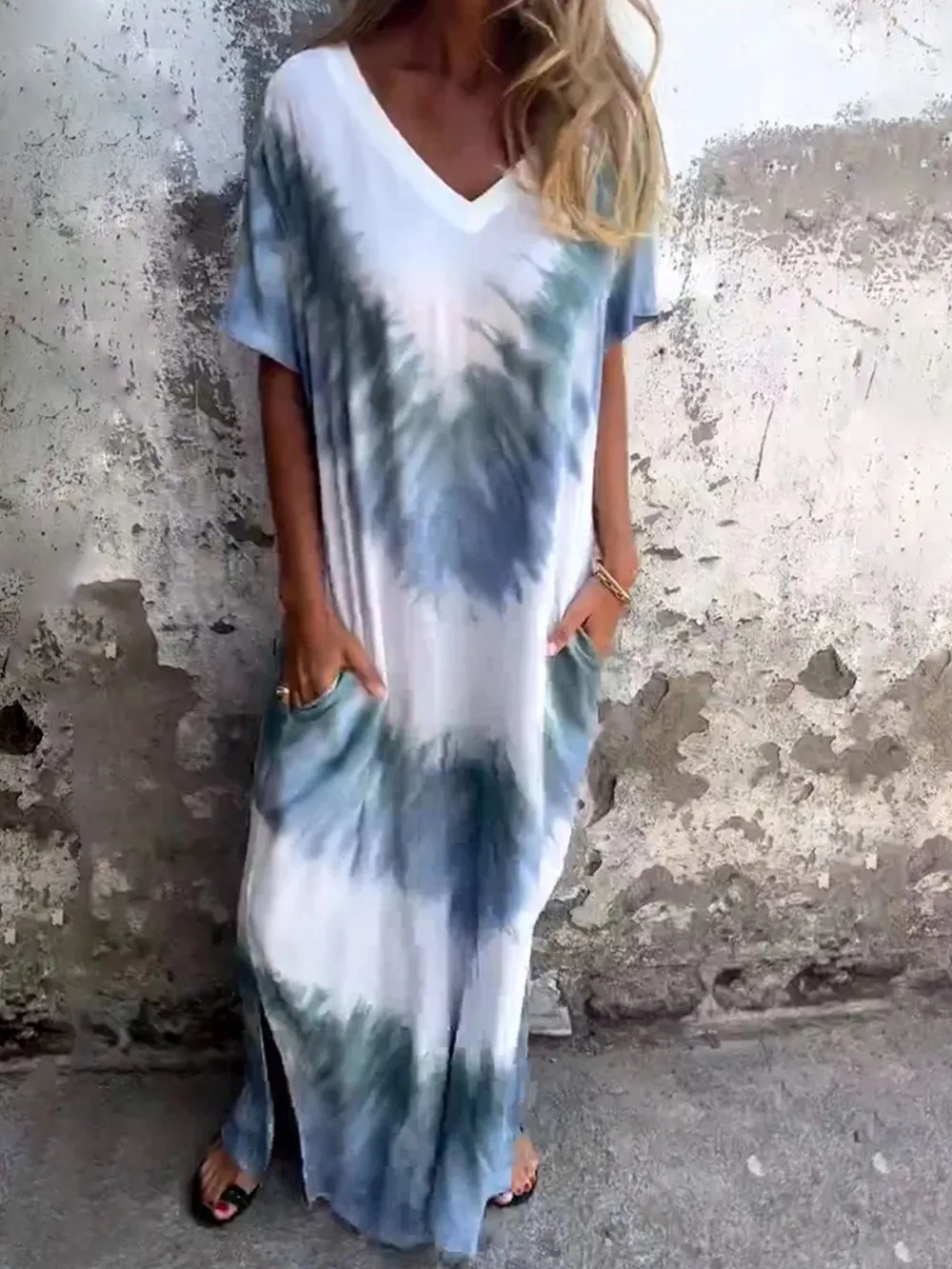 Full Size Tie-Dye V-Neck Midi Dress with Pockets Plus Size, image 11
