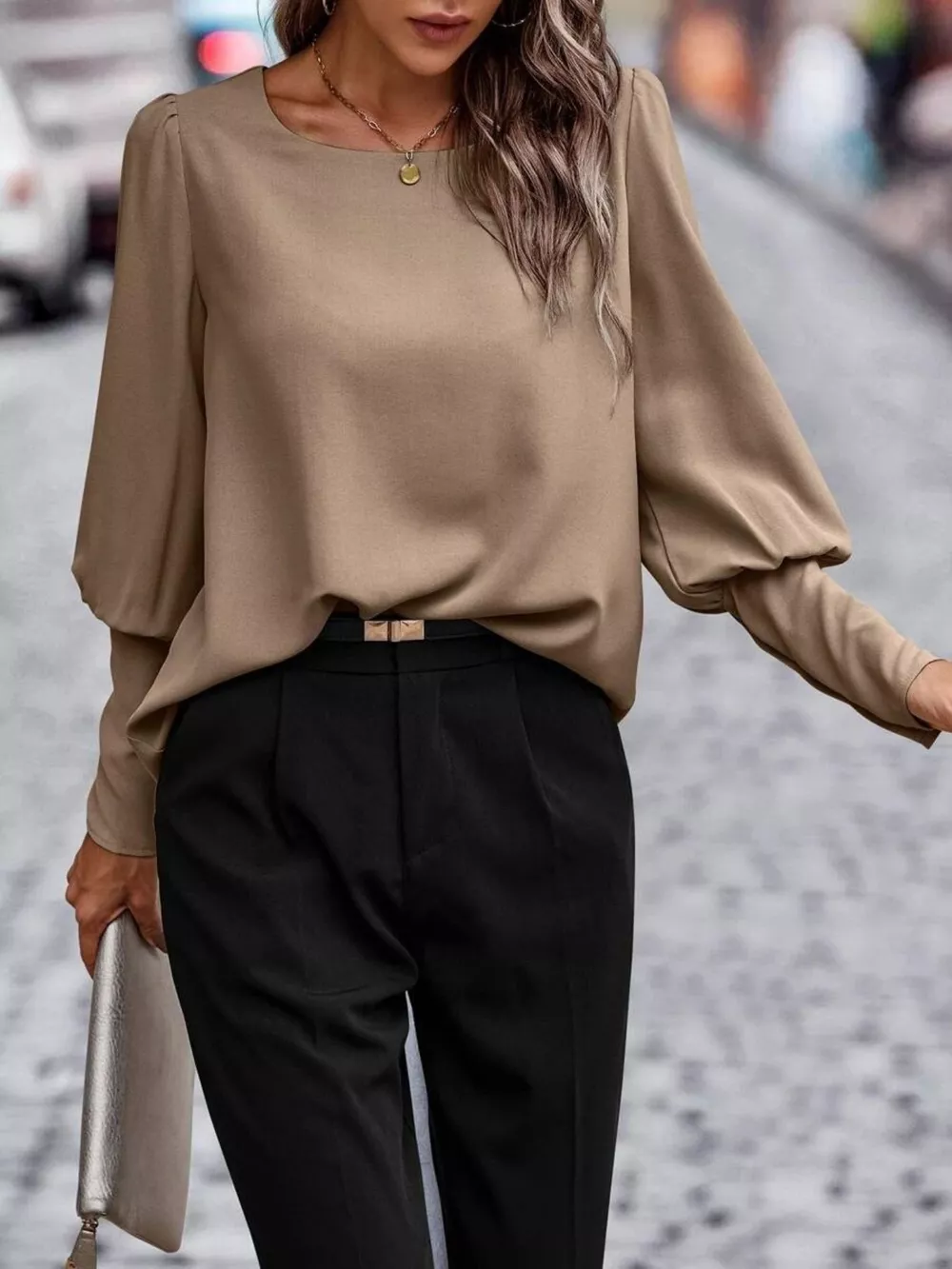 Back Button Lantern Sleeve Blouse, image 9