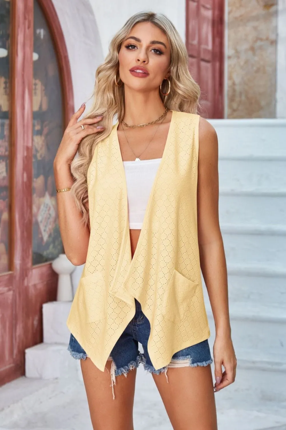Eyelet Open Front Sleeveless Cardigan, image 26