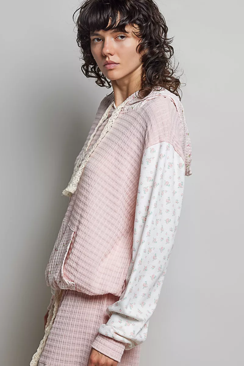POL Mixed Knit Contrast Print Sleeve Hoodie with Kangaroo Pocket, image 2