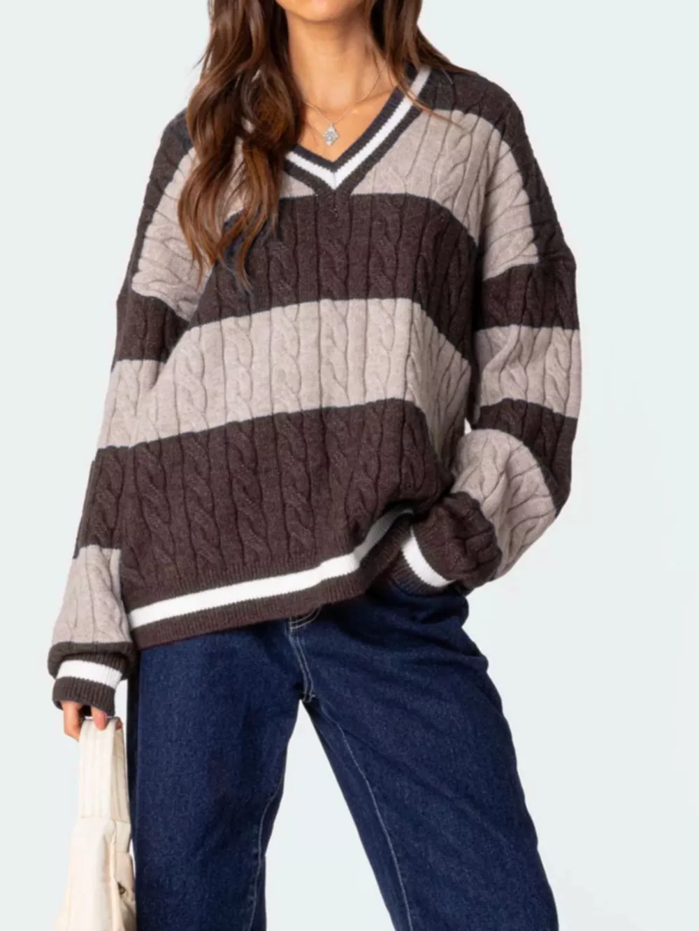 Striped Cable Knit V-Neck Sweater, image 4
