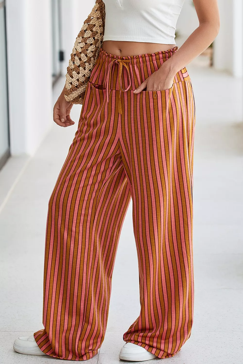 Stripe Button Pocket Tie Waist Casual Wide Leg Pants