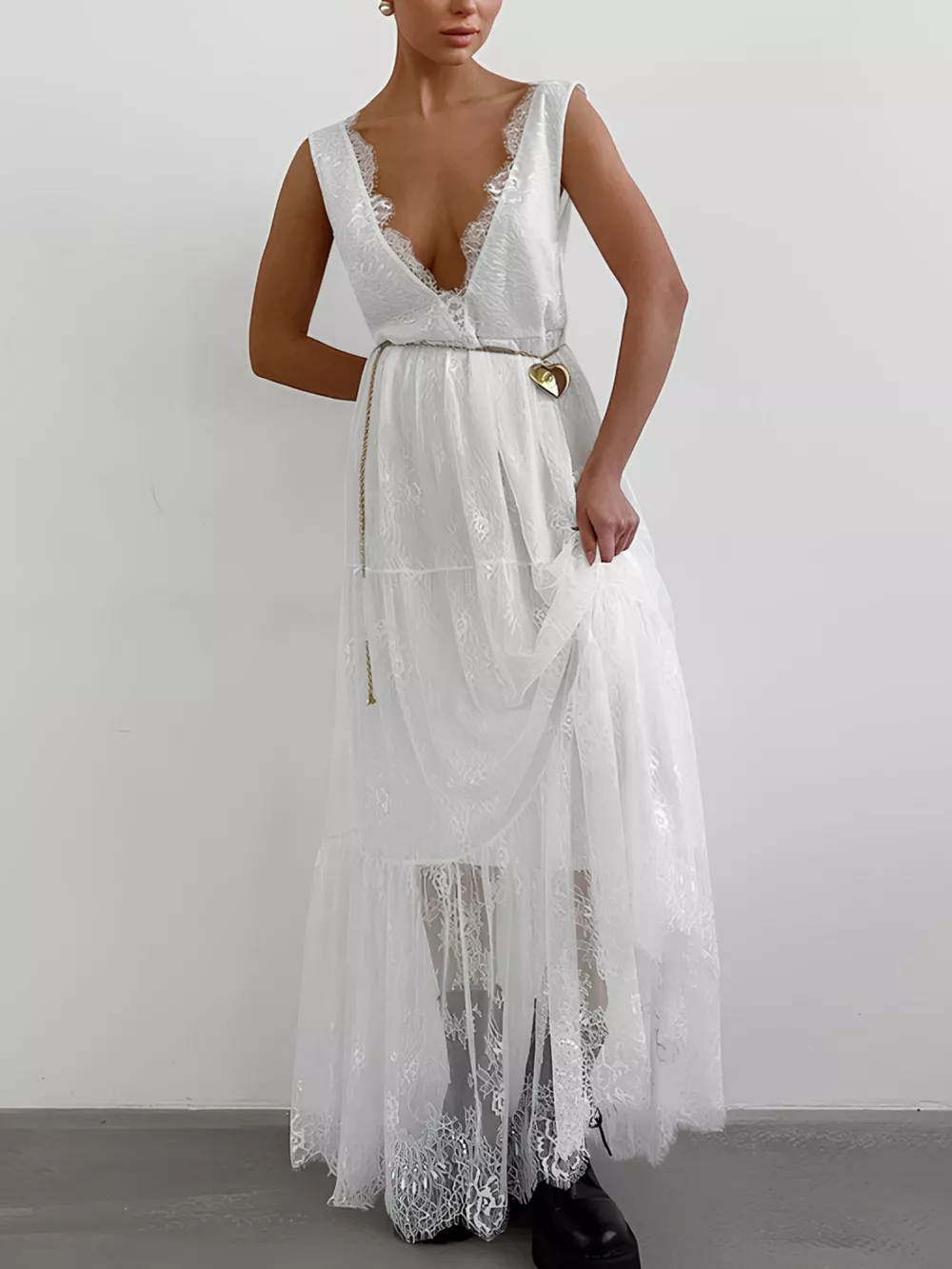 Lace Deep V-Neck Maxi Dress, image 9