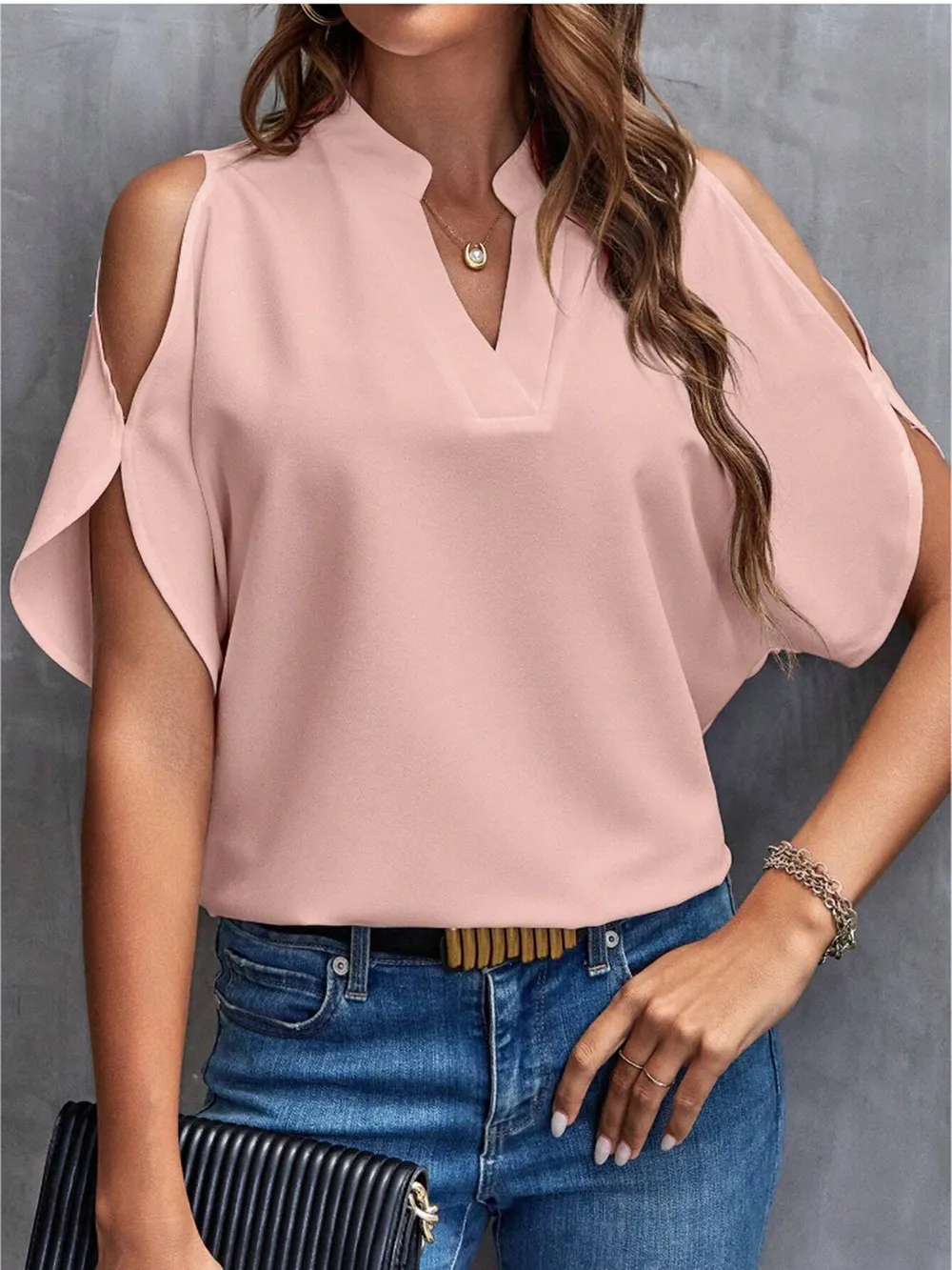 Notched Cold Shoulder Half Sleeve Blouse, image 7