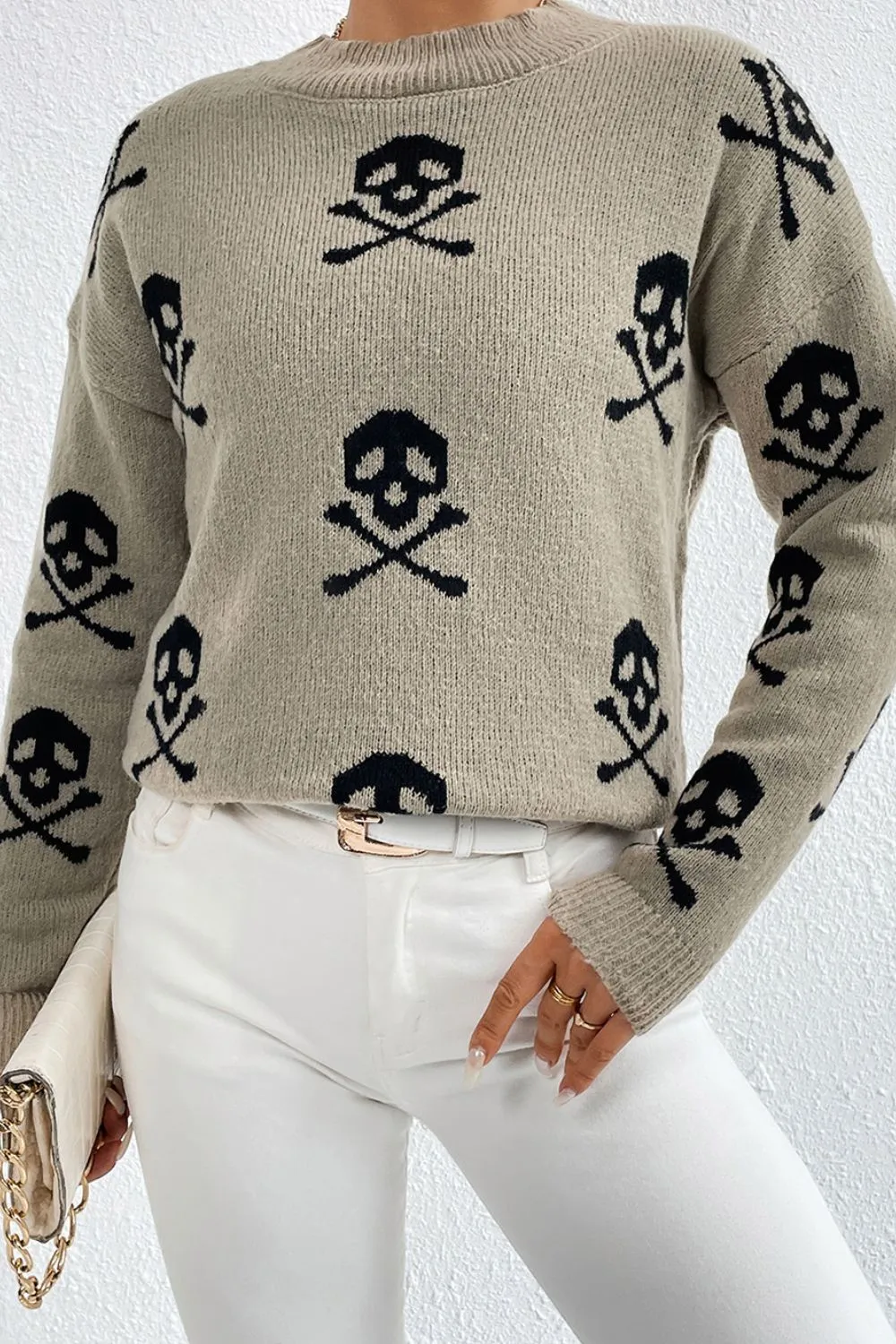 Graphic Mock Neck Dropped Shoulder Sweater, image 8