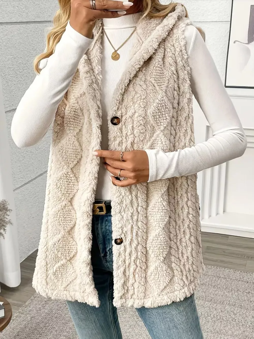 Button-Down Sherpa Hooded Vest Coat, image 3