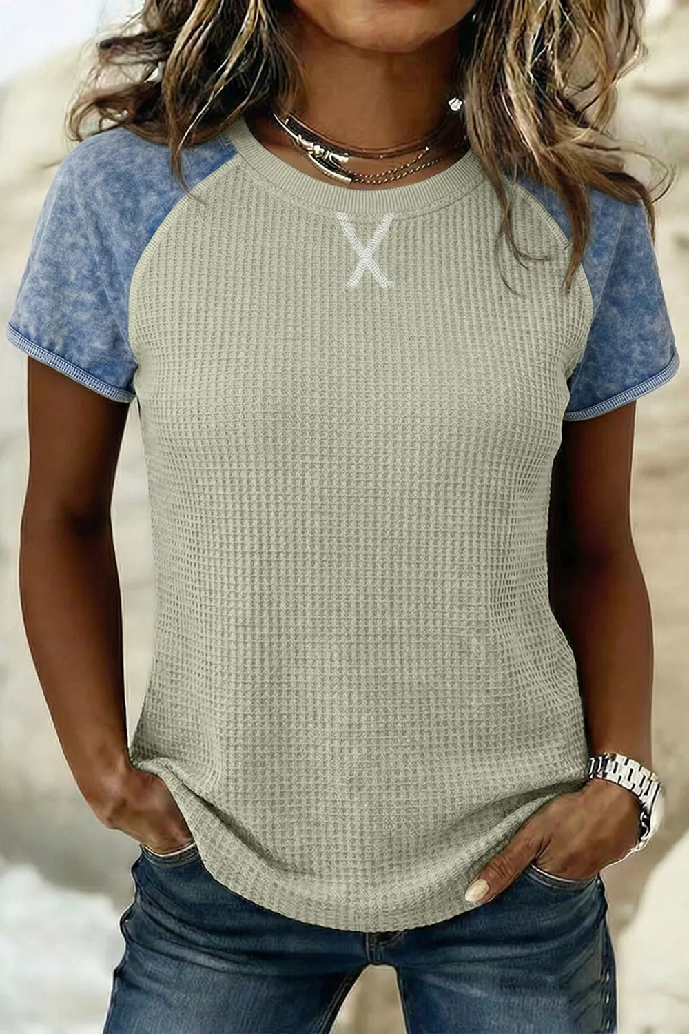 Waffle Knit Seam Detail Color Block Patchwork Short Sleeve Top, image 2