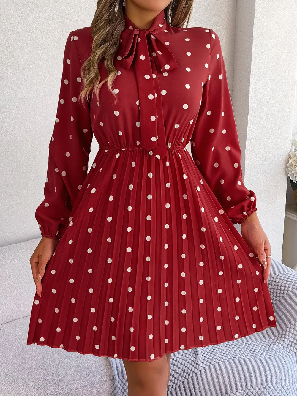 Polka Dot Tie Neck Pleated Dress, image 13