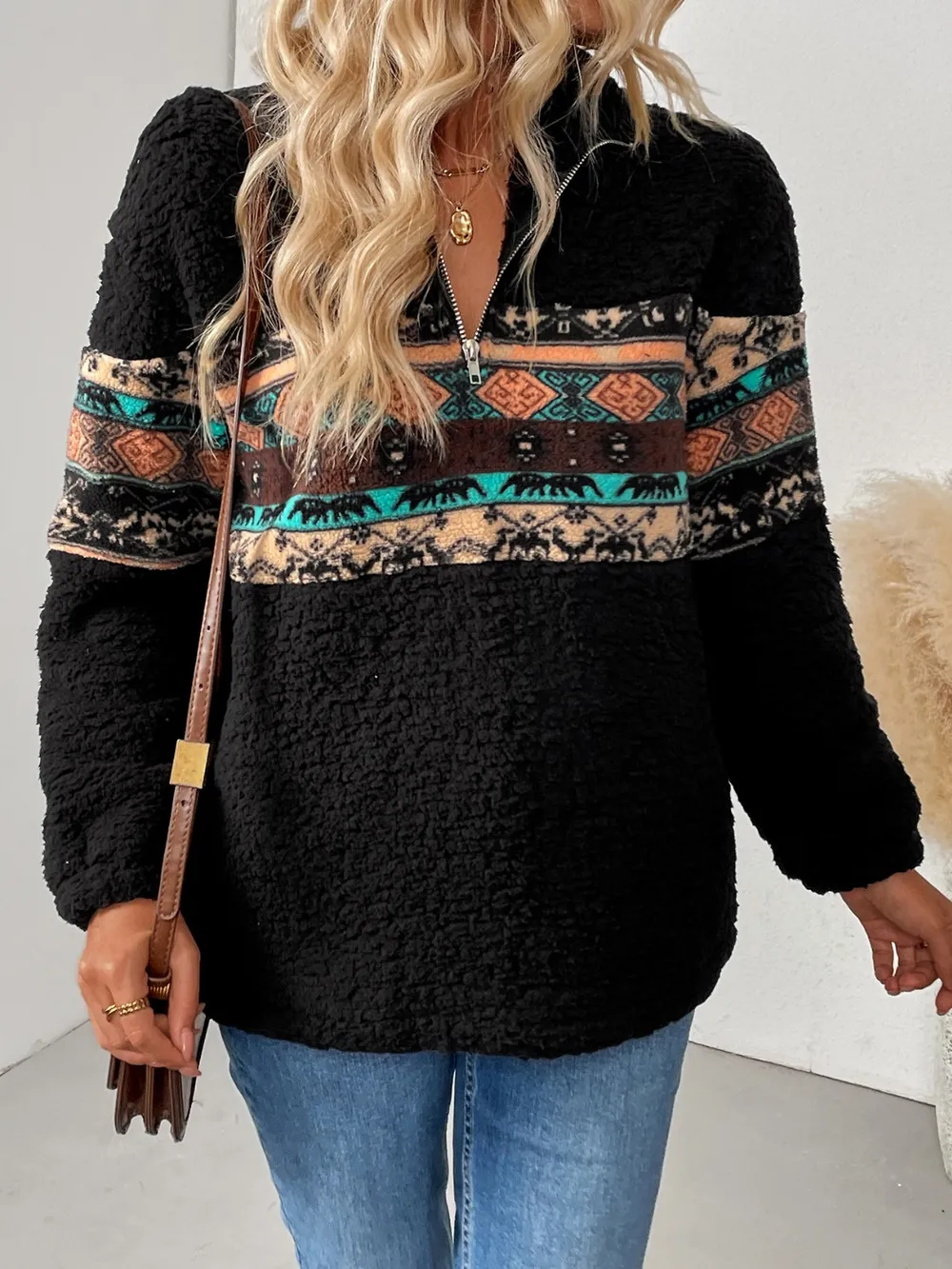 Quarter Zip Geometric Long Sleeve Sweatshirt, image 4