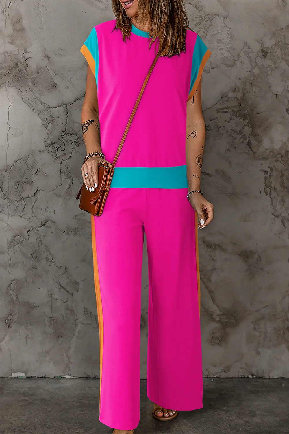 Contrast Round Neck Top and Pants Set, image 13