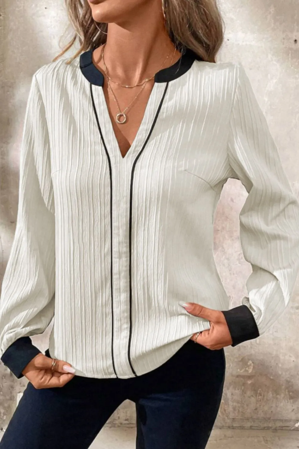 Contrast Notched Long Sleeve Blouse, image 11