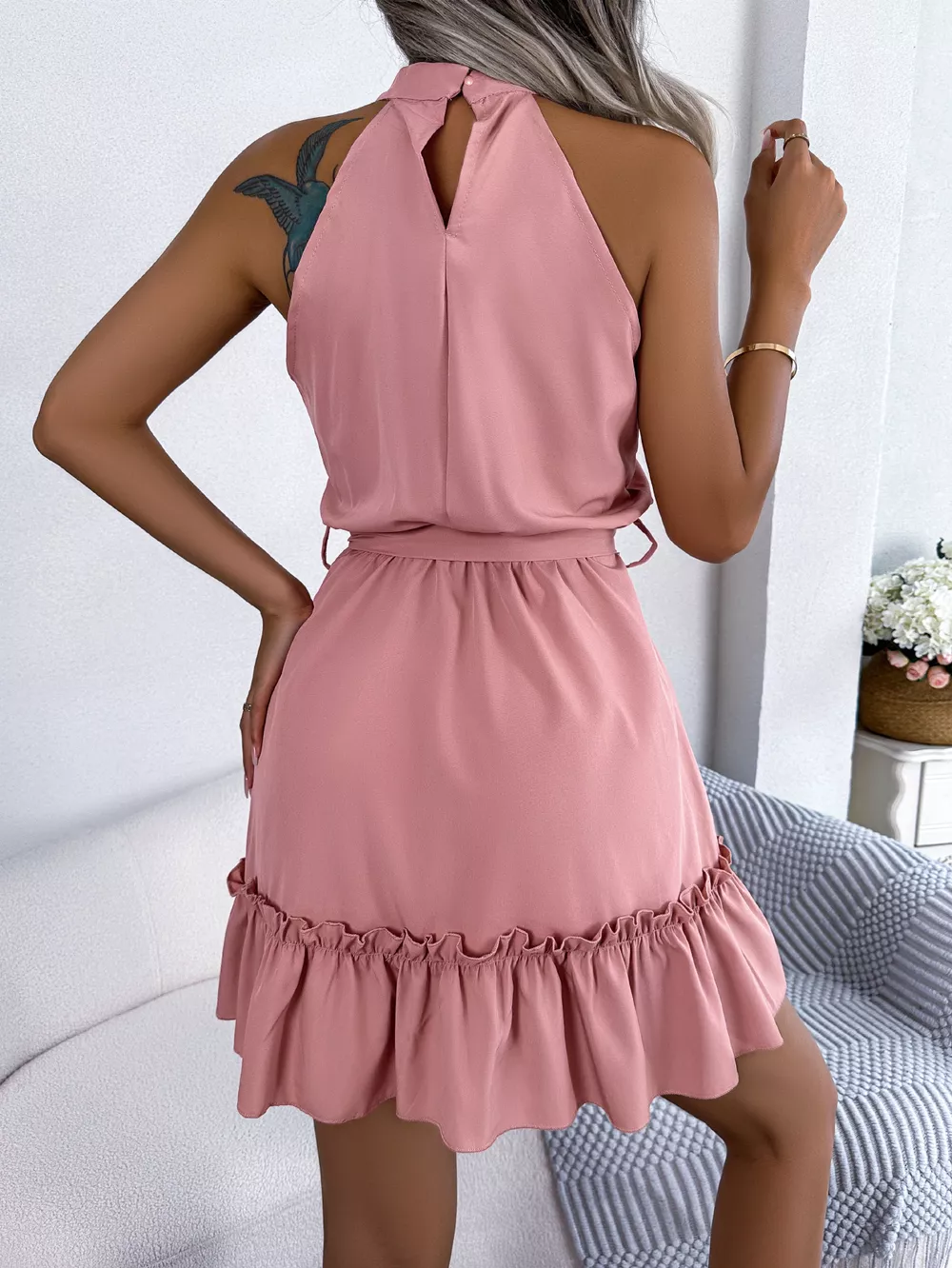 Halter Neck Ruffle Hem A-Line Dress, image 10