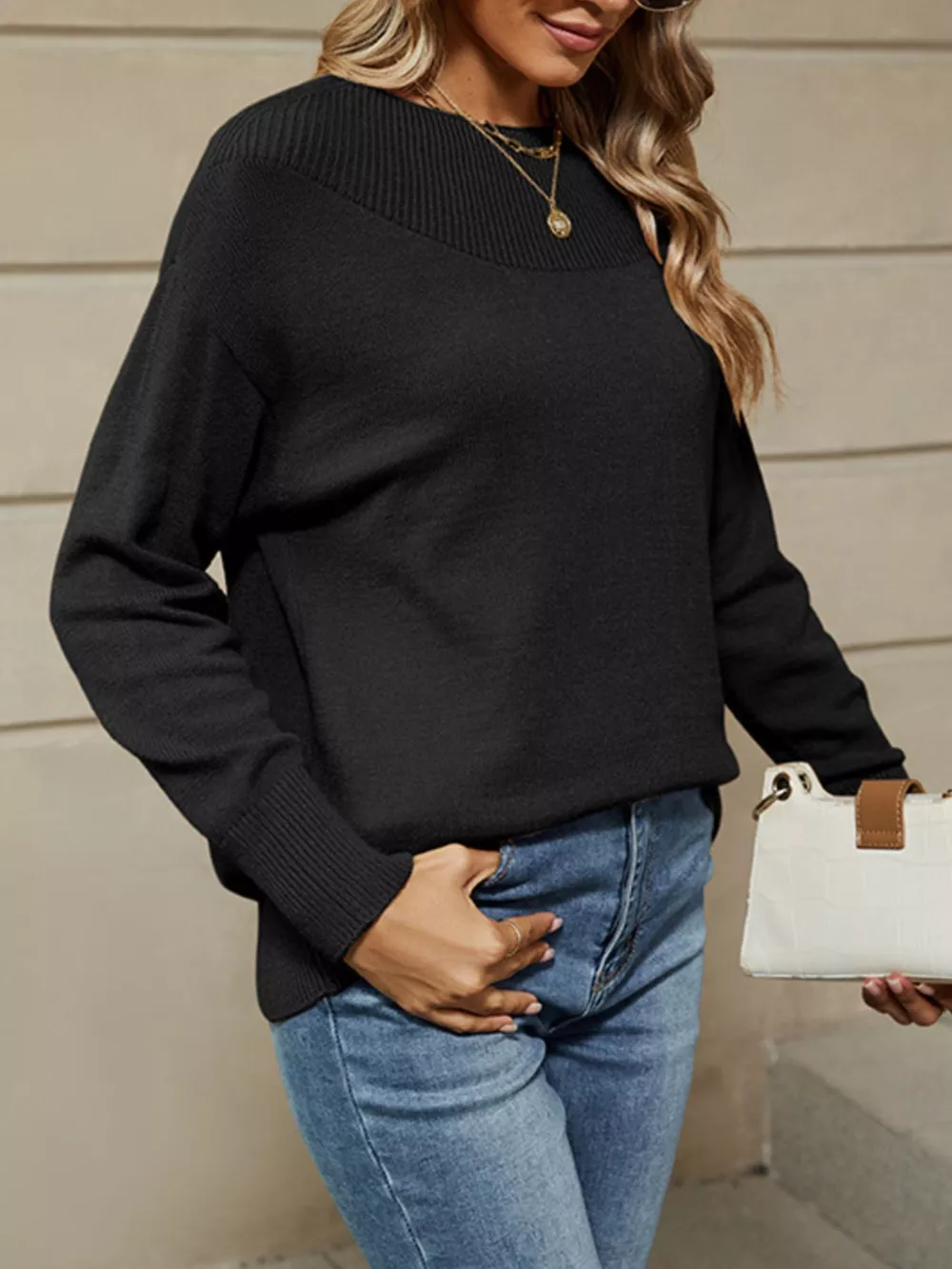 Ribbed Knit Dropped Shoulder Sweater, image 3