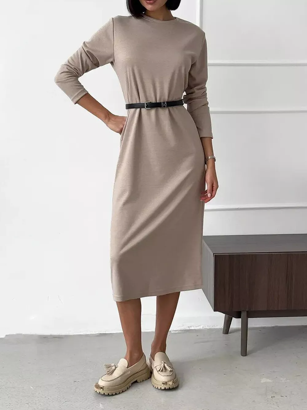 Round Neck Long-Sleeve Midi Dress, image 13