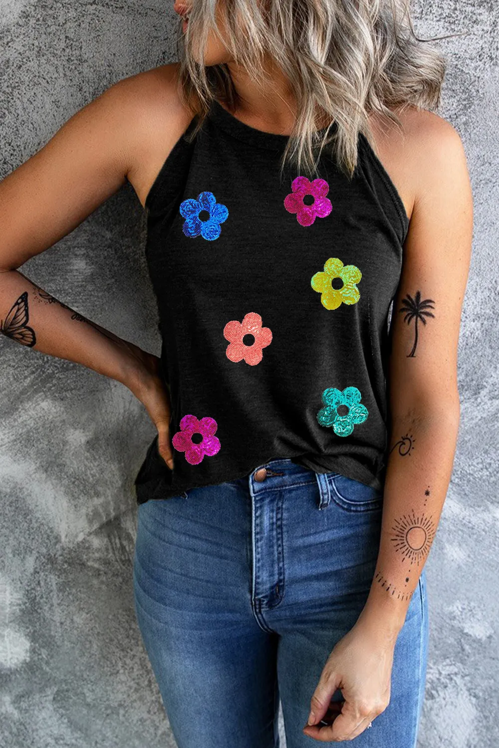Sequin Flower Round Neck Tank, image 4