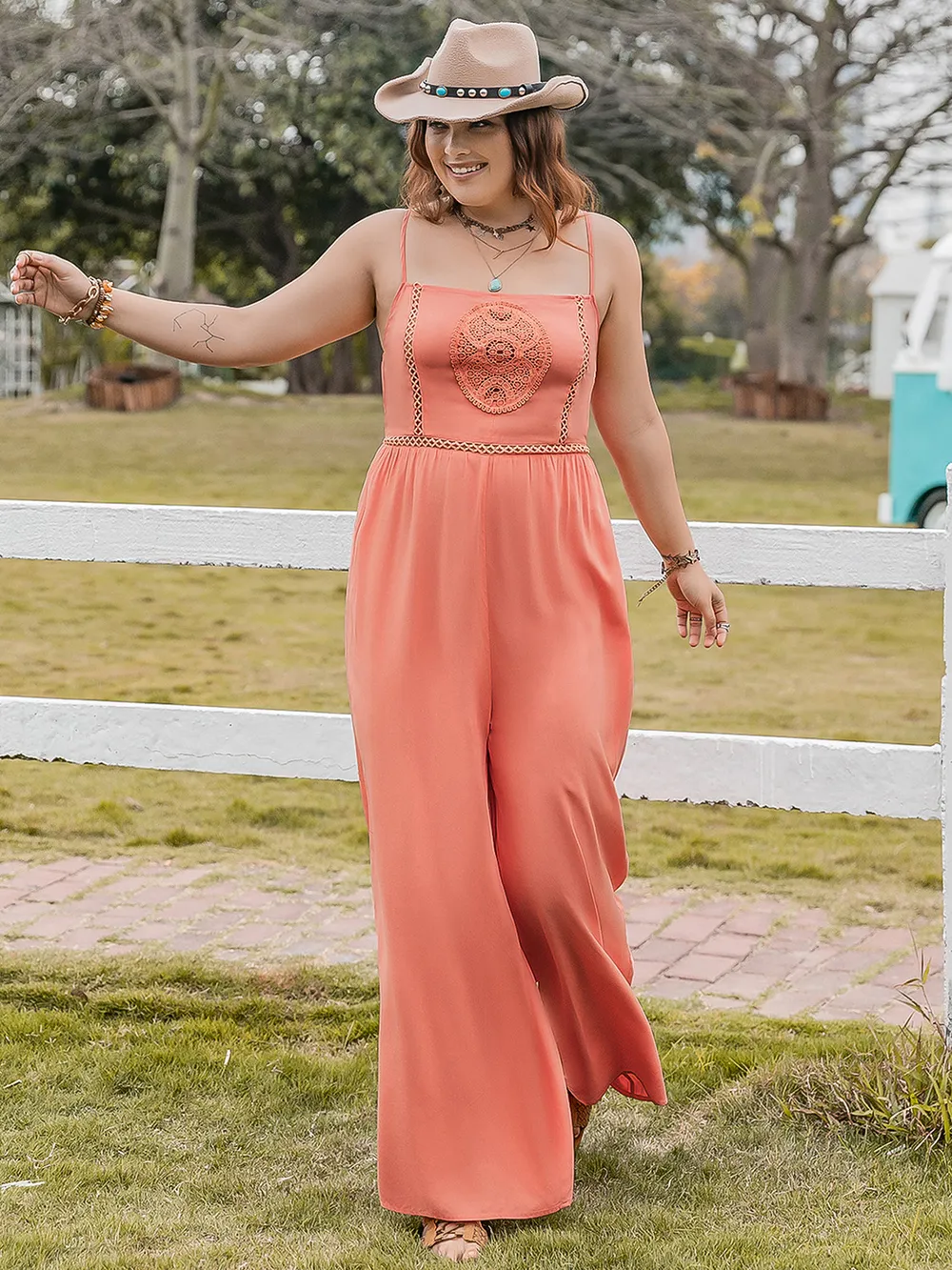 Plus Size Lace Detail Spaghetti Strap Wide Leg Jumpsuit, image 6