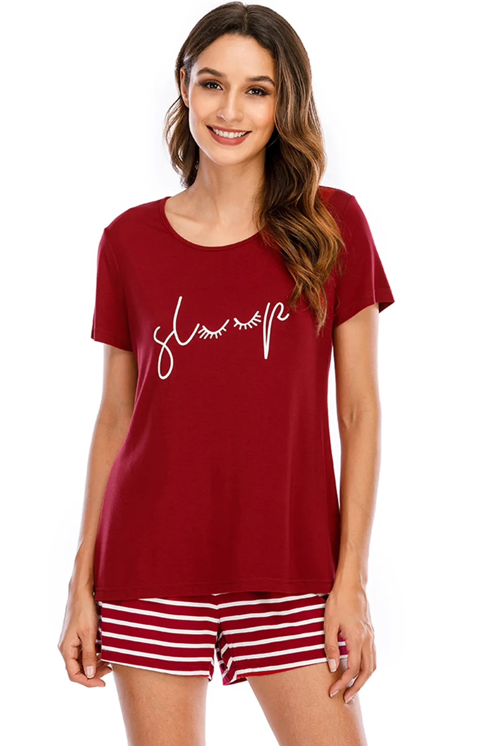 Graphic Round Neck Top and Striped Shorts Lounge Set, image 4