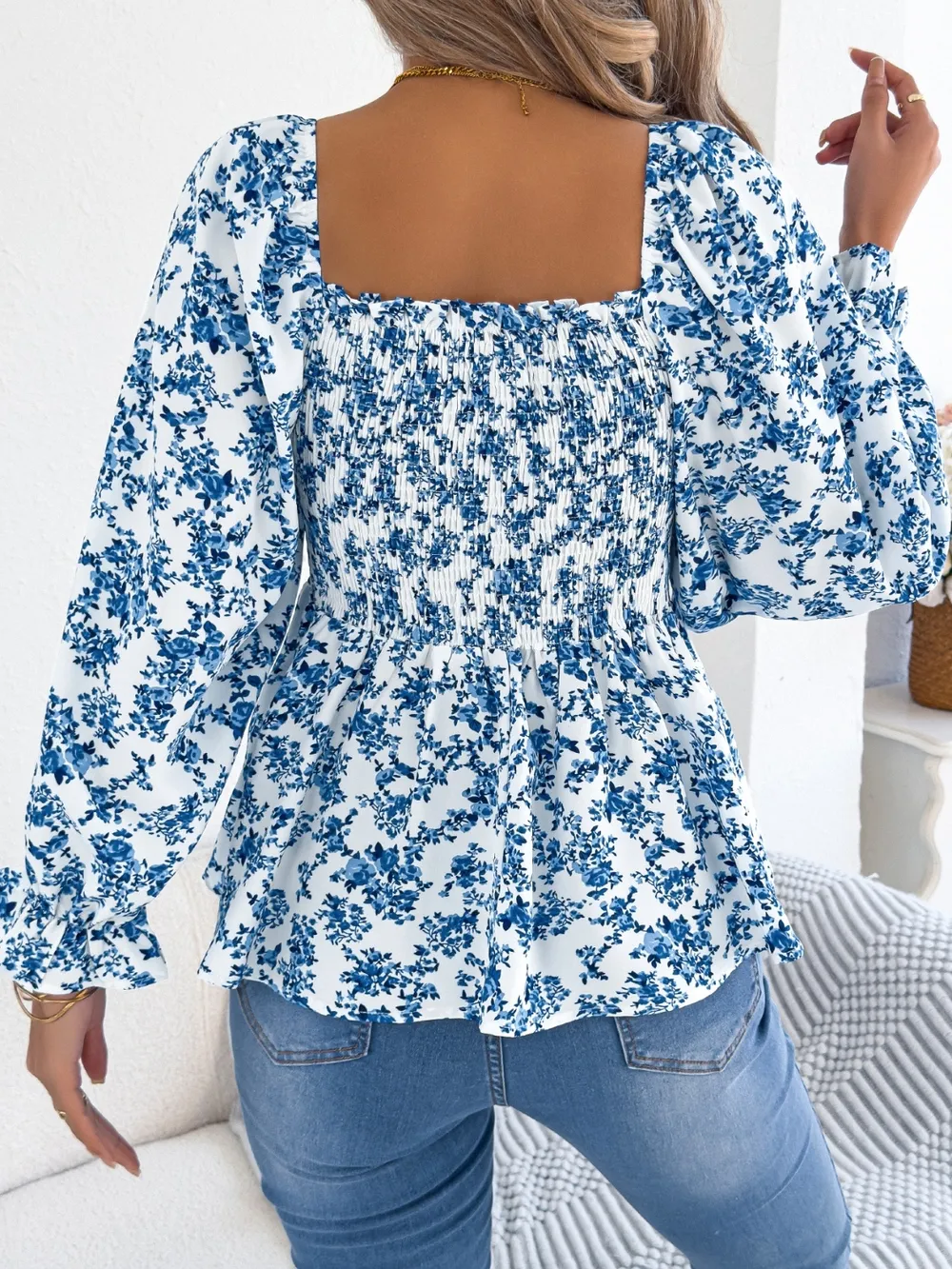 Floral Square Neck Flounce Sleeve Blouse, image 14