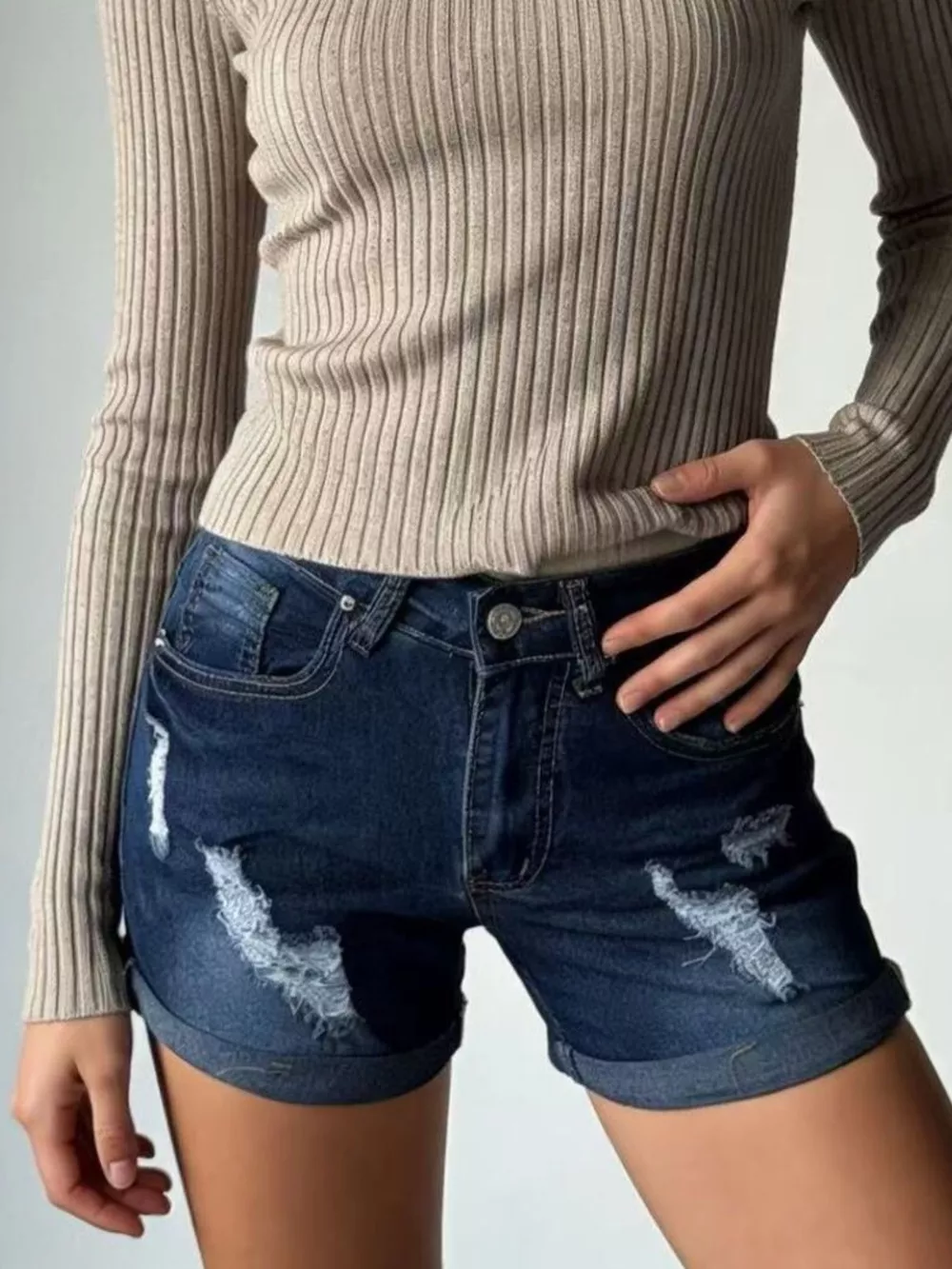 Distressed Wash Denim Shorts, image 9