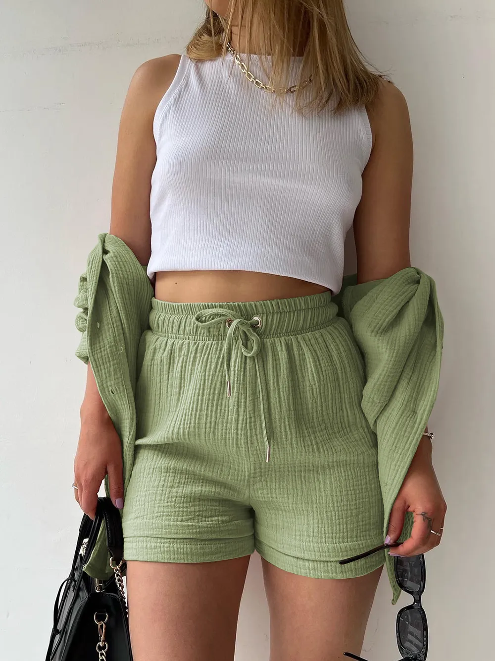 Texture Button Up Shirt and Drawstring Shorts Set, image 25