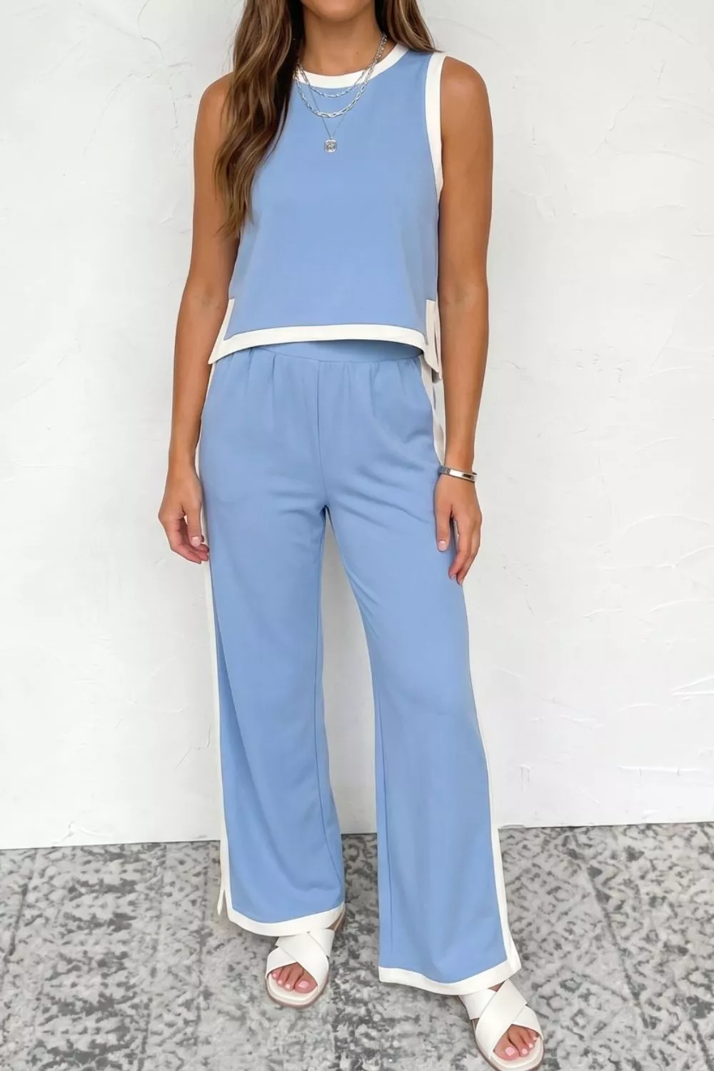 Colorblock Trim Cropped Tank Elastic Waist Shift Pants 2pcs Set, image 4