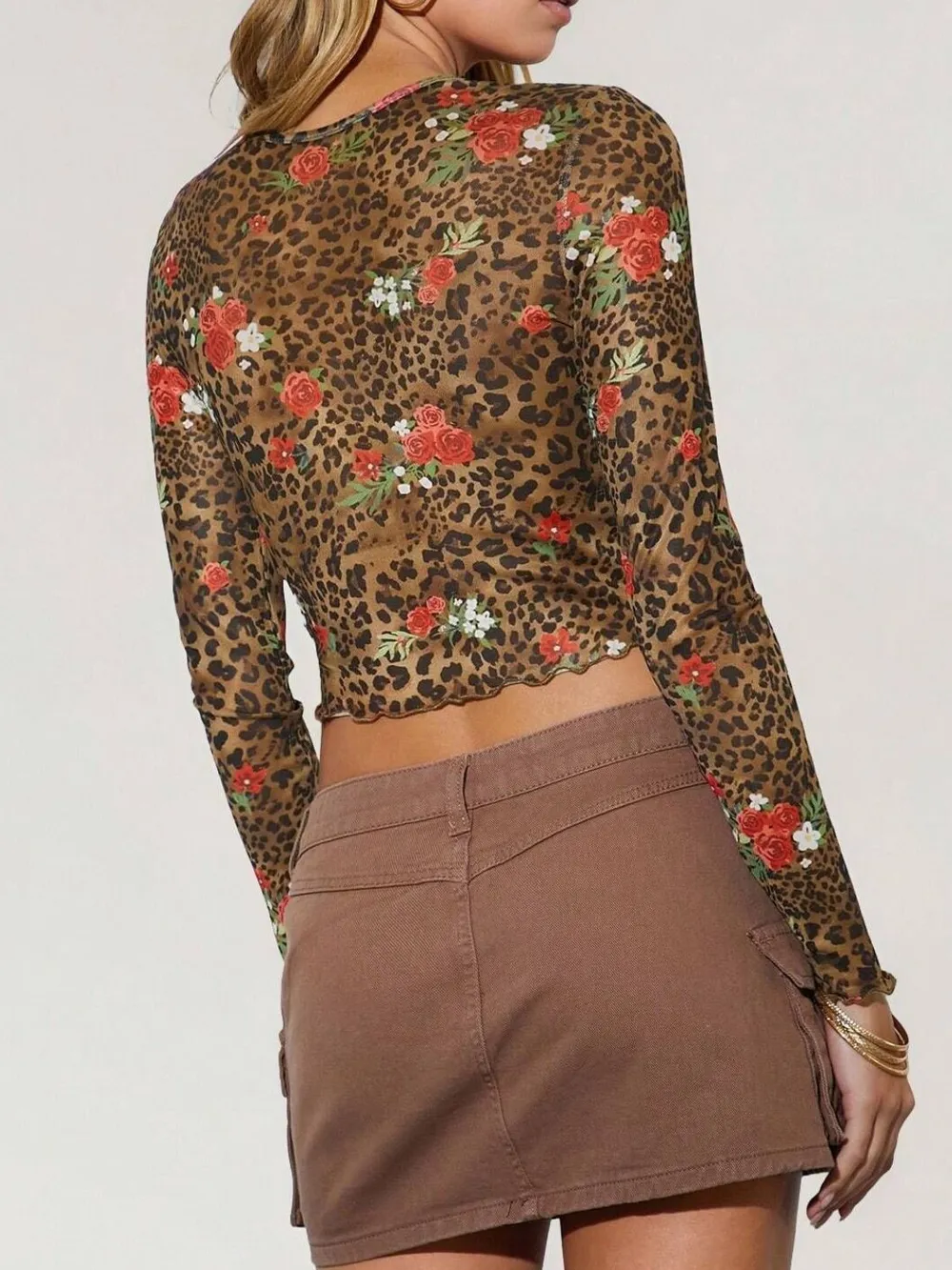 Leopard Floral Round Neck Long Sleeve Mesh T-Shirt, image 5