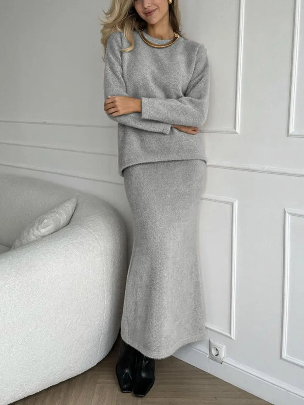 Round Neck Dropped Shoulder Top and Midi Skirt Sweater Set, image 14