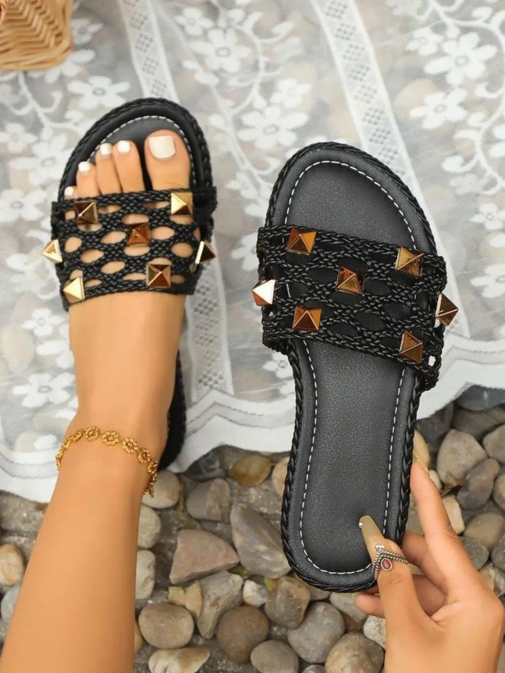 Hollow Out Studded Flat Sandal