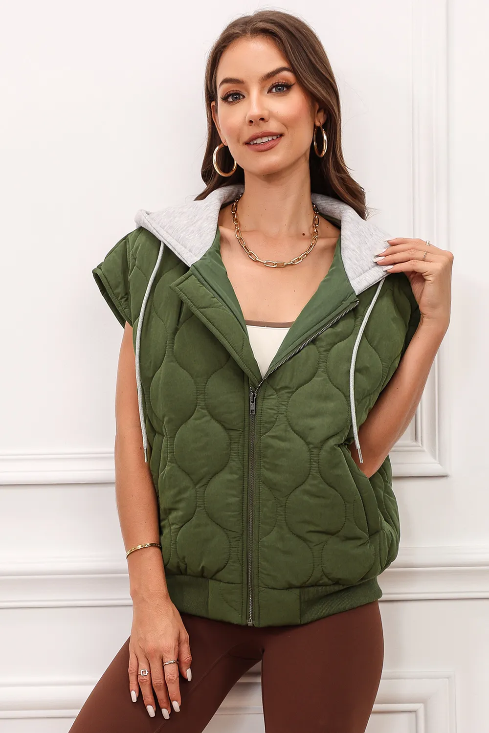 Drawstring Zip Up Hooded Vest Coat, image 9