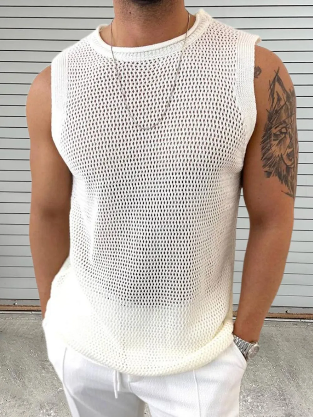 Men's Openwork Round Neck Sleeveless Knit Top, image 8