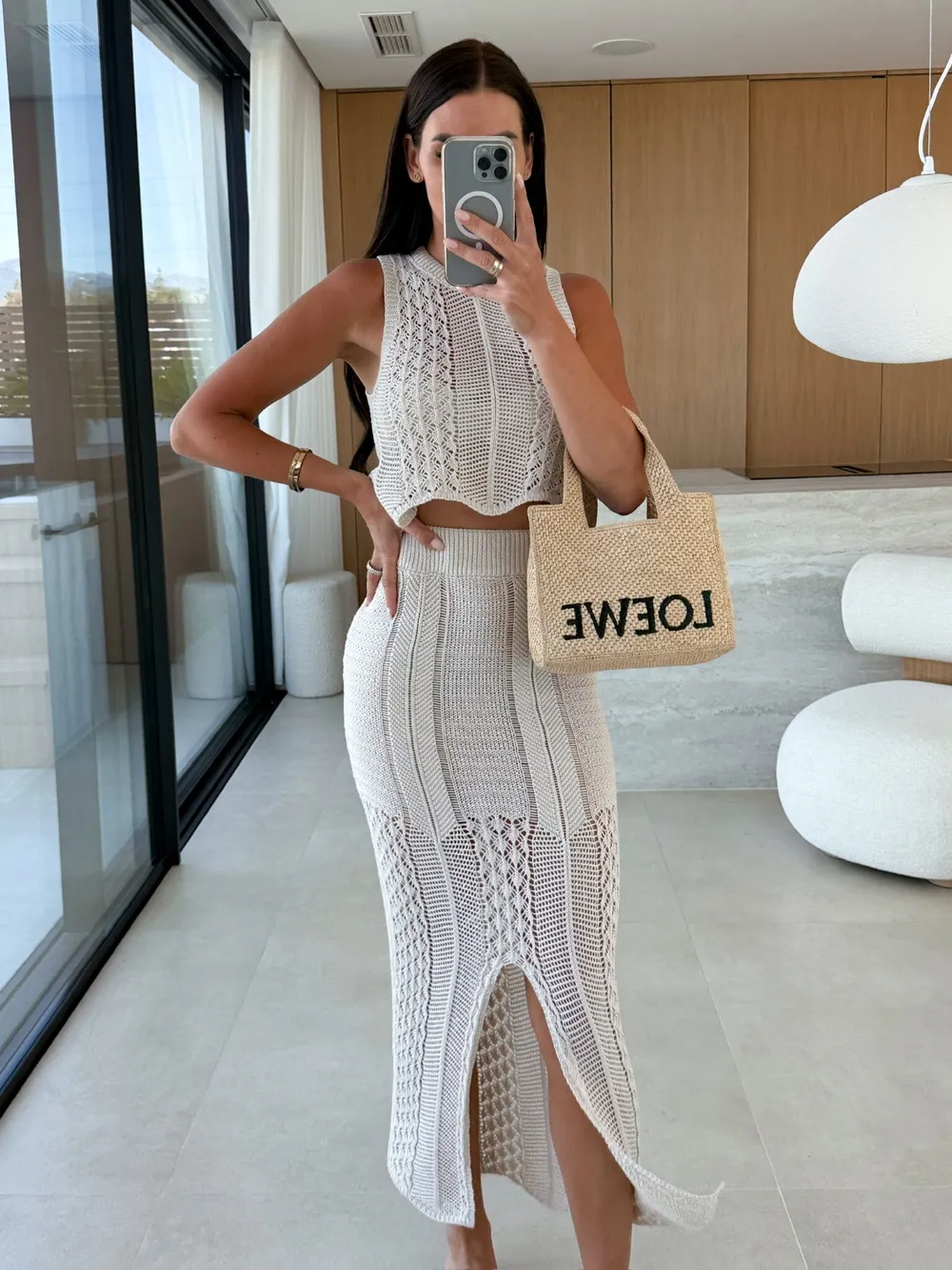 Openwork Round Neck Top and Slit Skirt Sweater Set, image 16