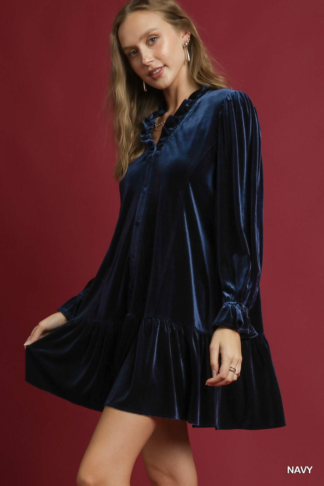 Velvet Ruffle Trim Mini Dress, image 2