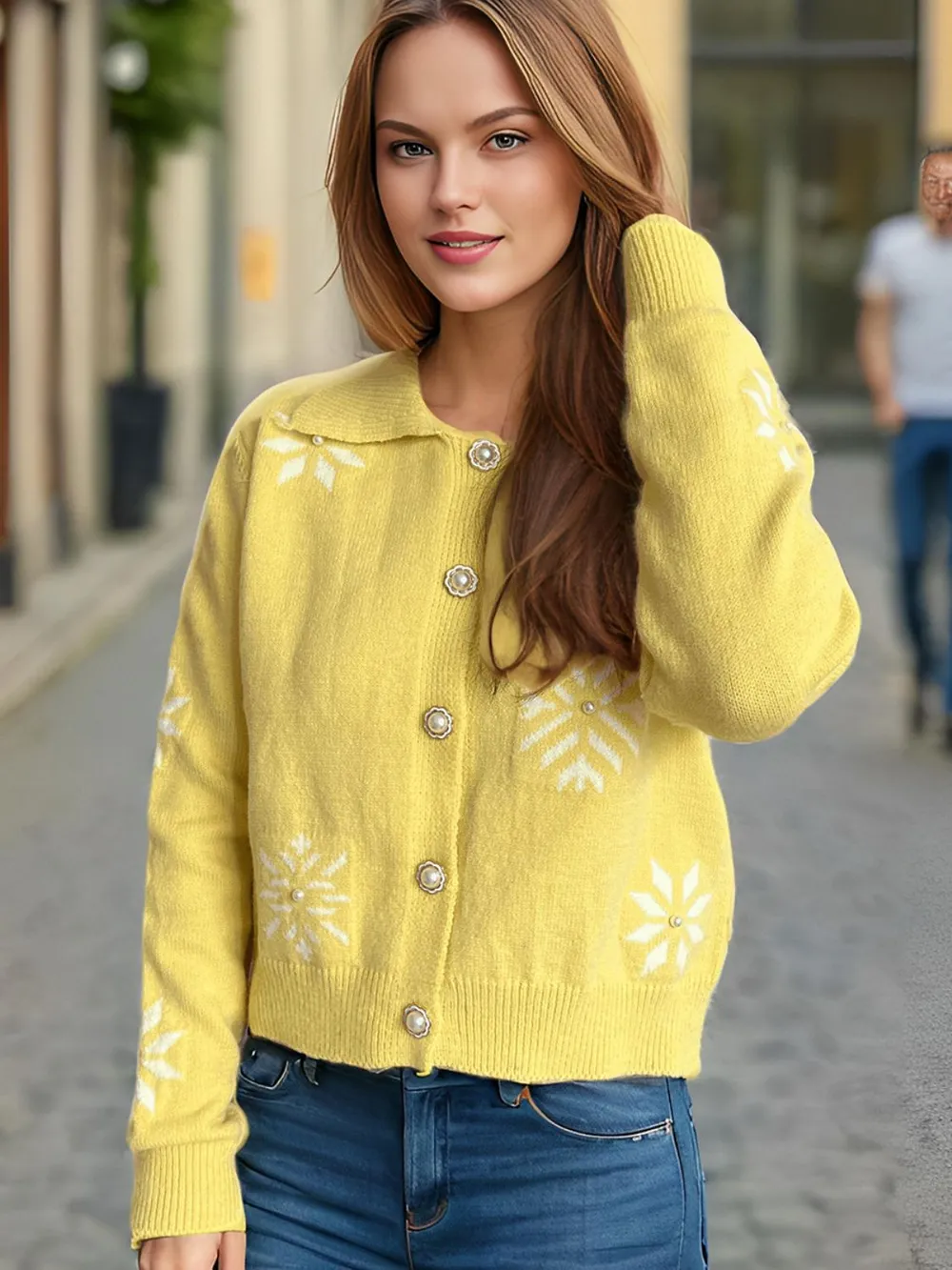 Pearl Trim Collared Neck Long Sleeve Cardigan, image 10