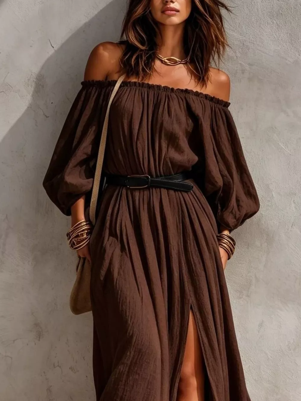 Boho Off-Shoulder Maxi Dress with Side Slit, image 5